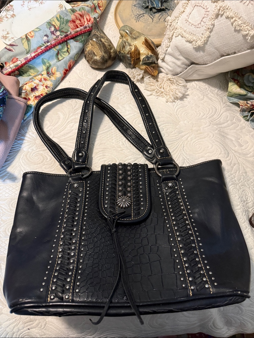 Montana West Black Studded Tote with Textured Panels